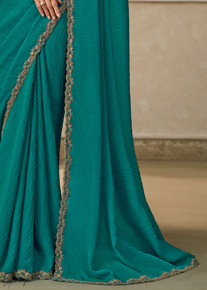 Teal Blue Ruffle Border Georgette Saree