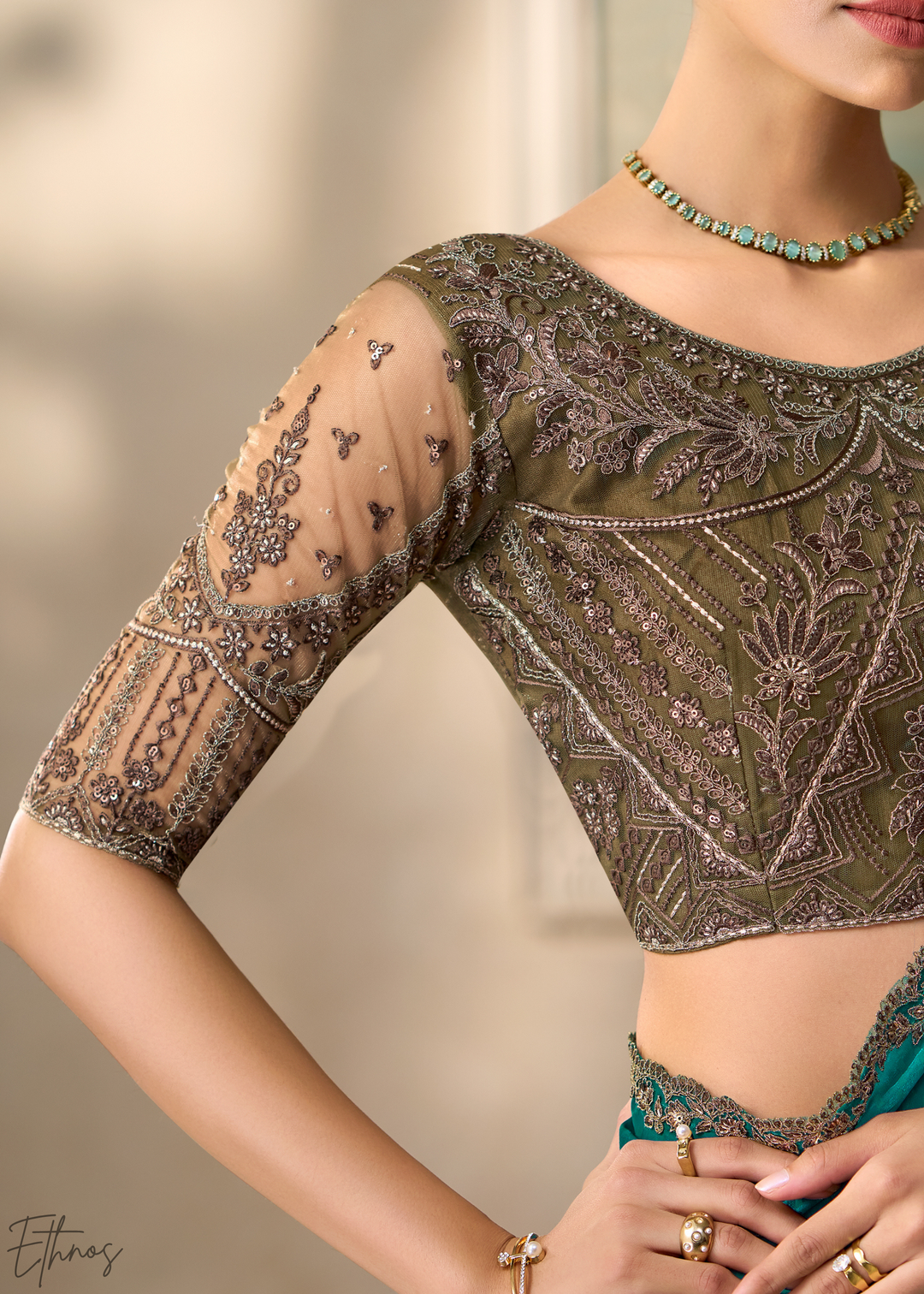 Teal Blue Ruffle Border Georgette Saree
