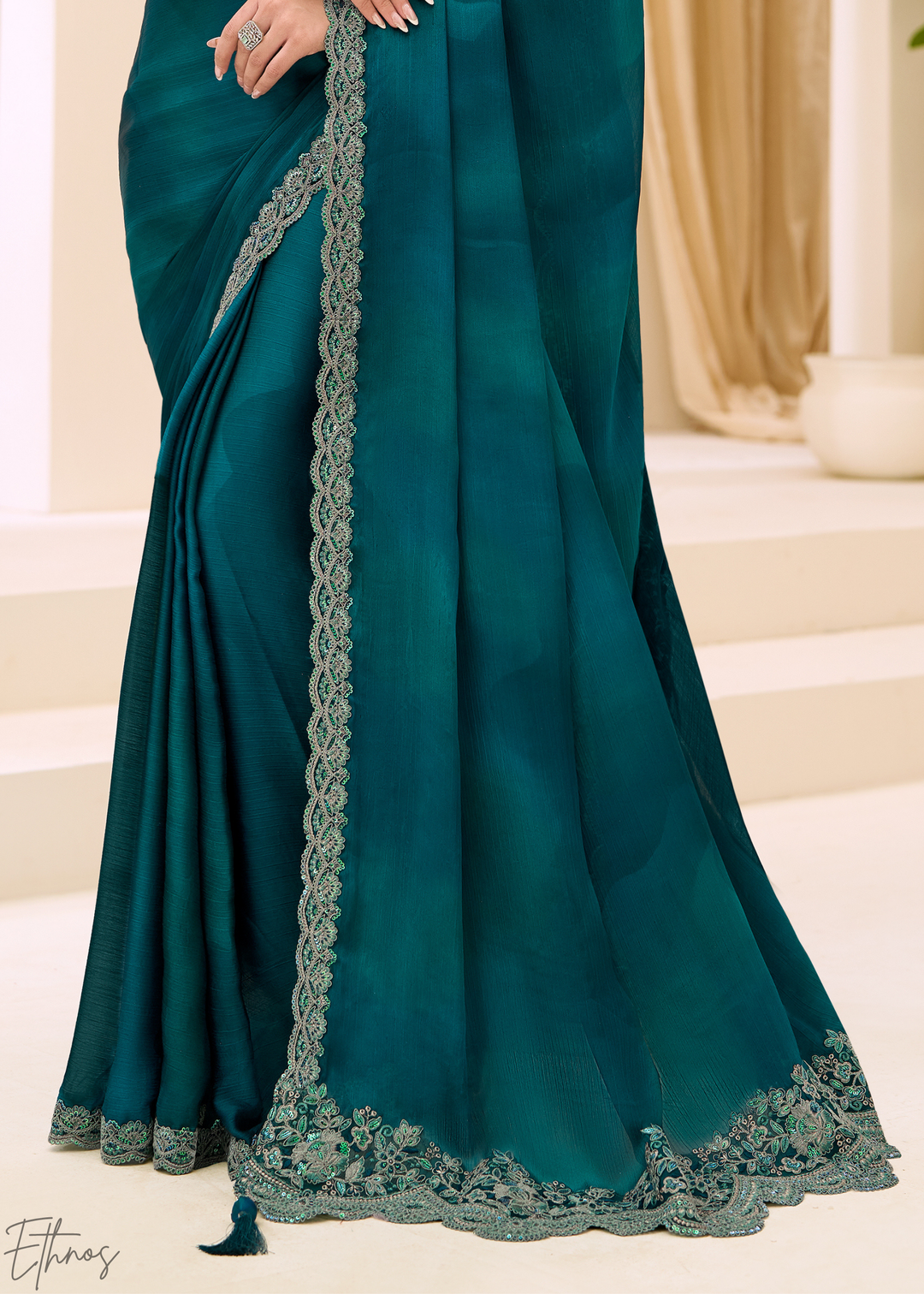 Teal Blue Scalloped Border Satin Chiffon Saree