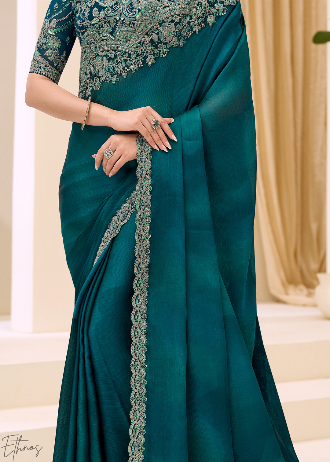 Teal Blue Scalloped Border Satin Chiffon Saree