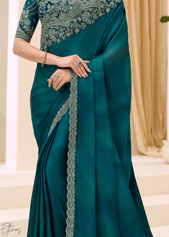 Teal Blue Scalloped Border Satin Chiffon Saree