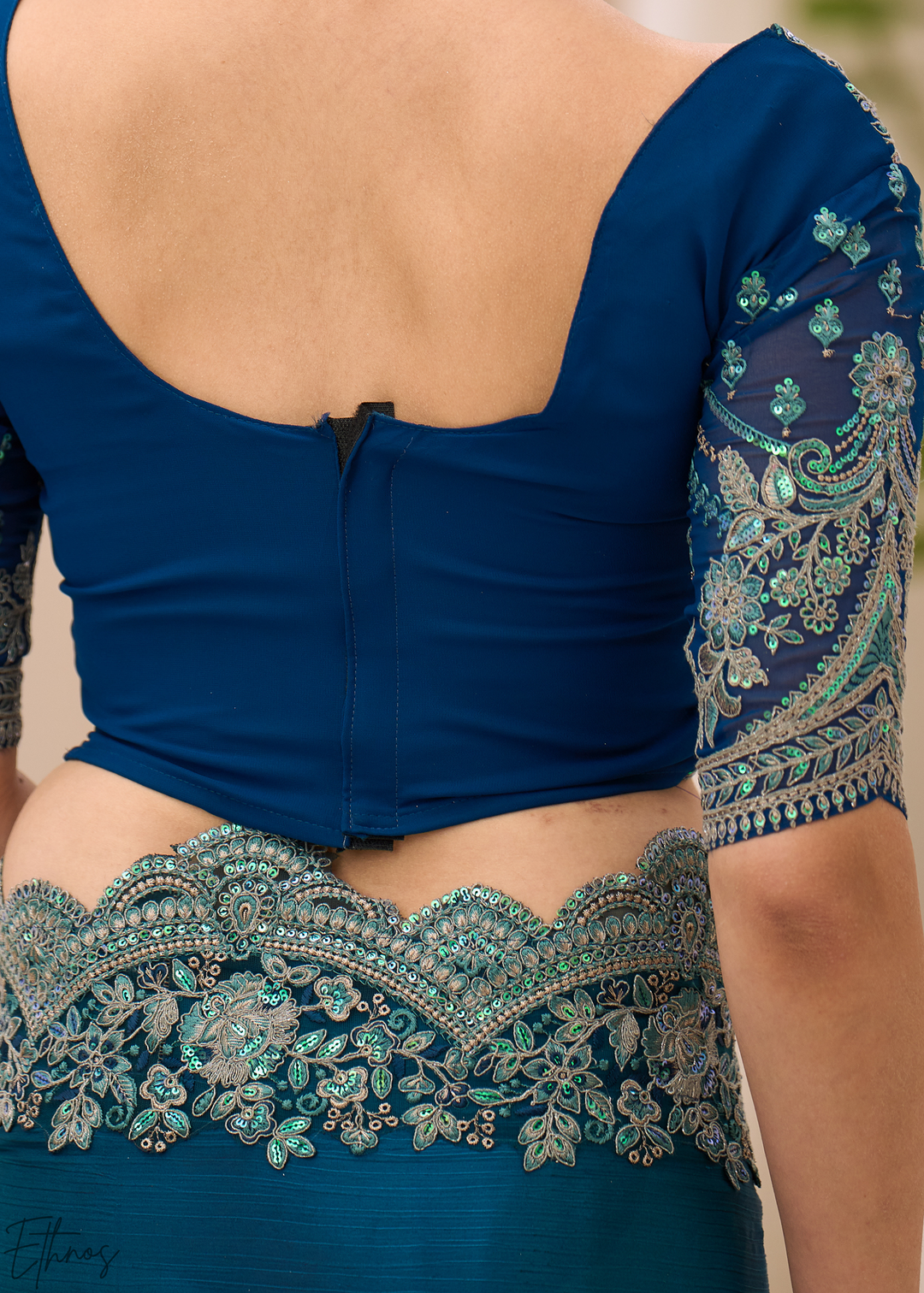 Teal Blue Scalloped Border Satin Chiffon Saree