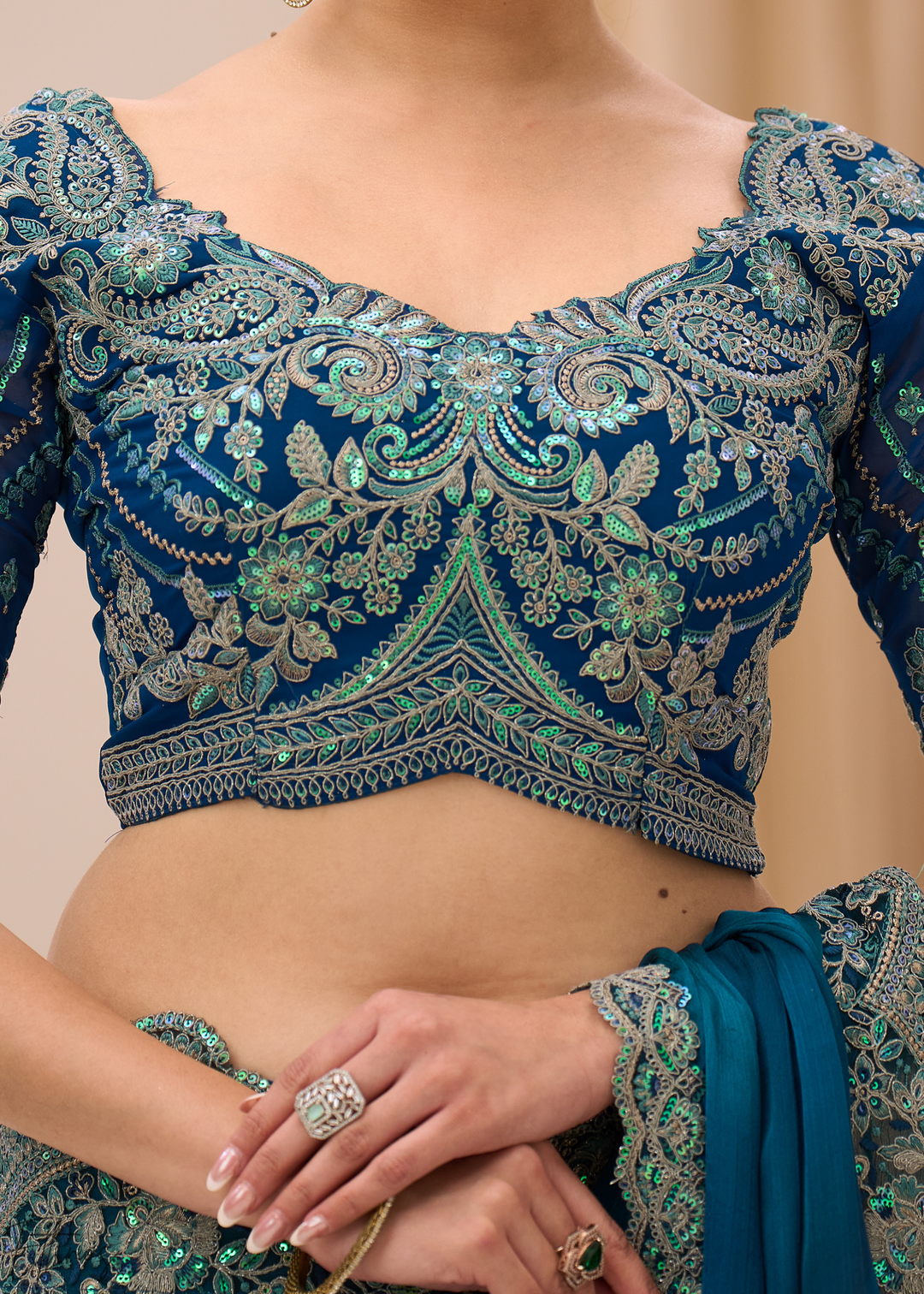 Teal Blue Scalloped Border Satin Chiffon Saree