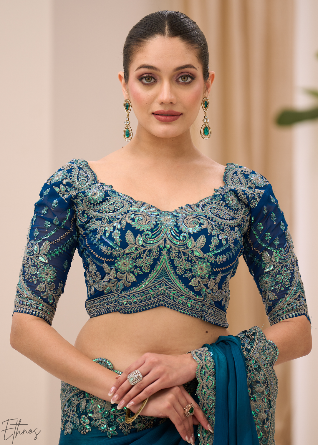 Teal Blue Scalloped Border Satin Chiffon Saree