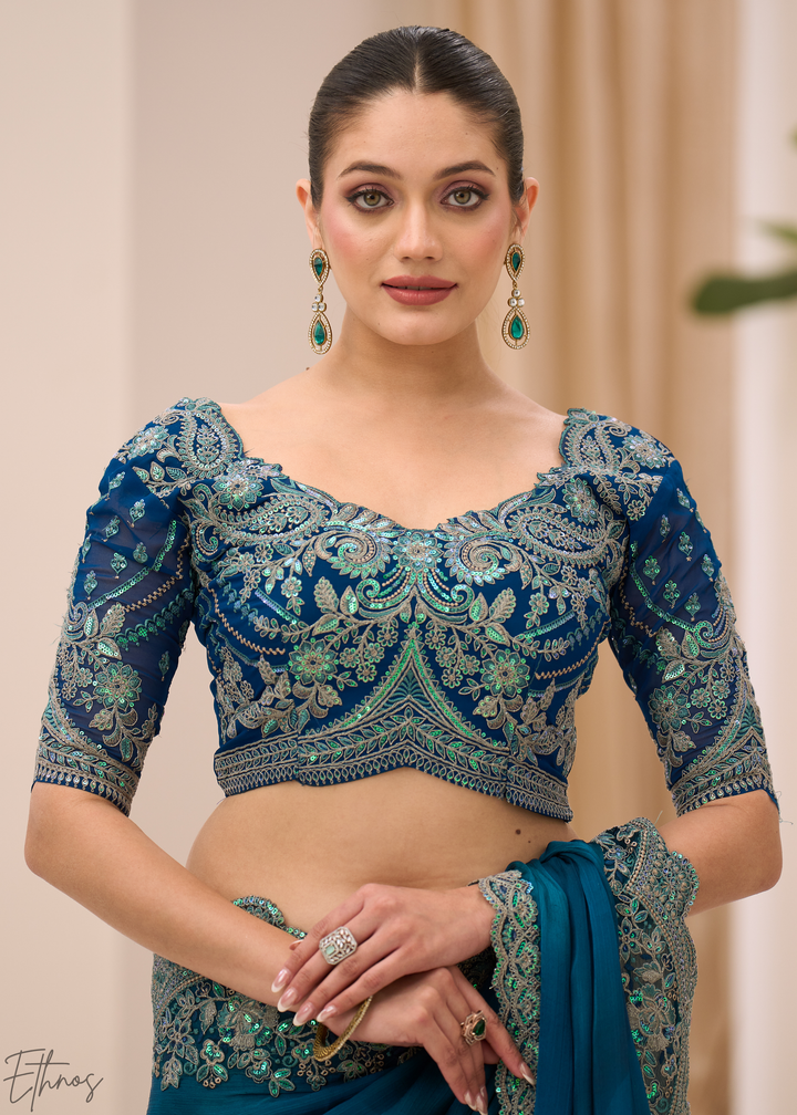 Teal Blue Scalloped Border Satin Chiffon Saree