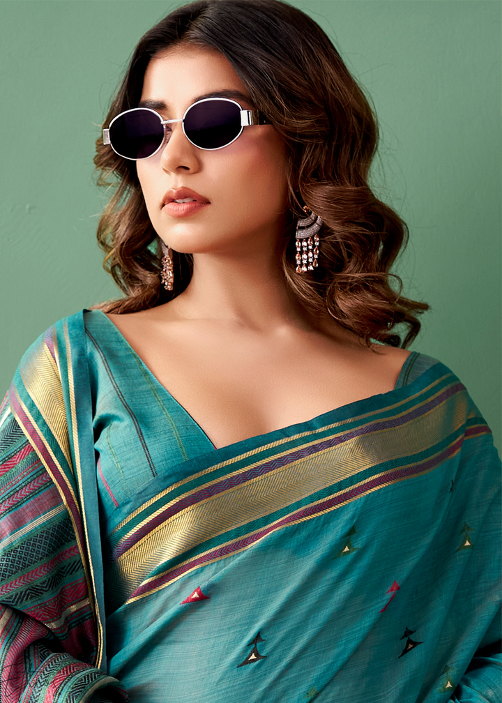 Teal Blue Zari Striped Pallu Cotton Saree