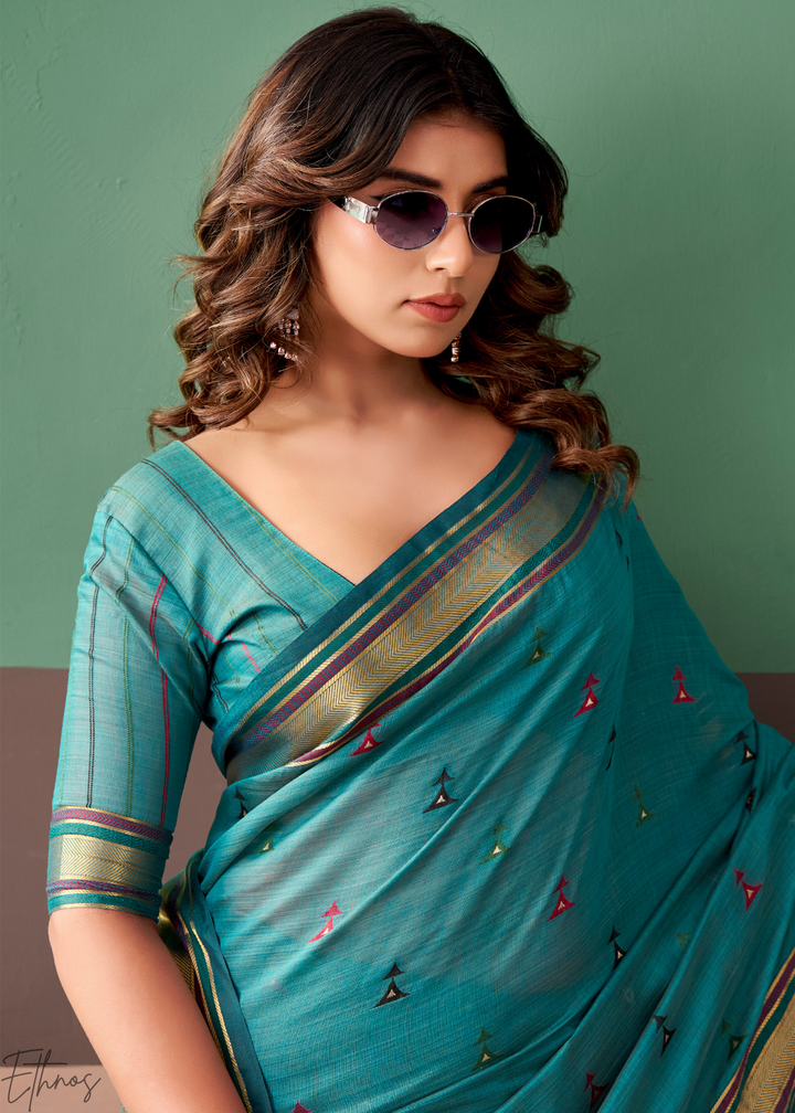 Teal Blue Zari Striped Pallu Cotton Saree