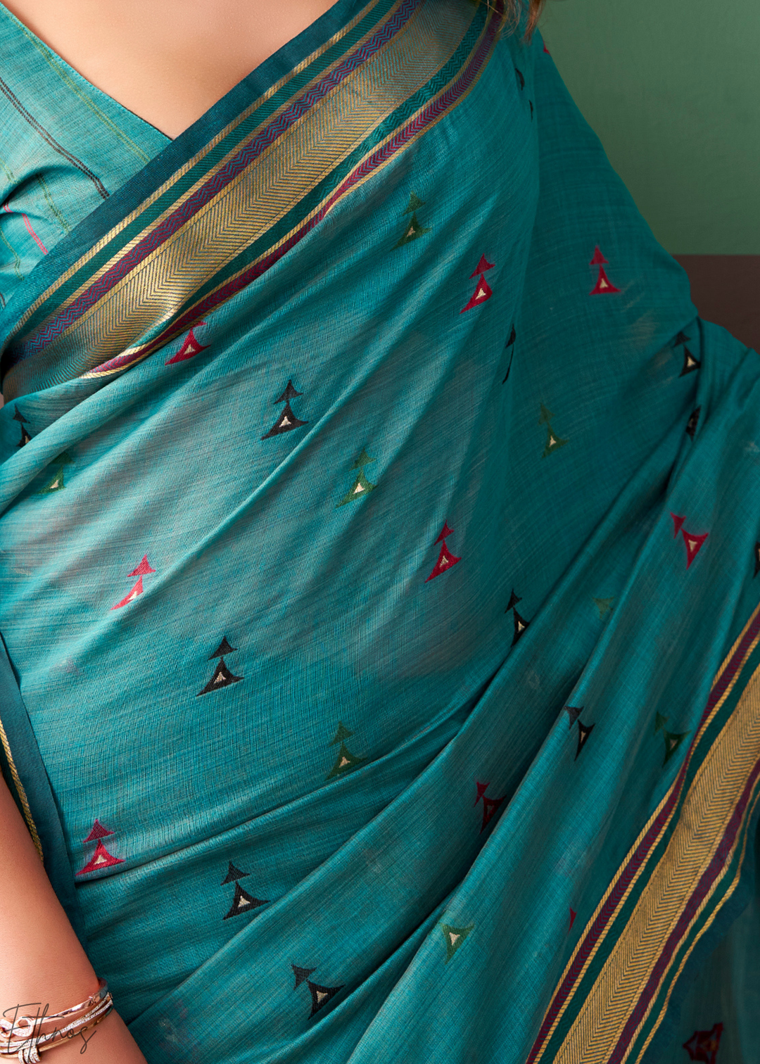 Teal Blue Zari Striped Pallu Cotton Saree