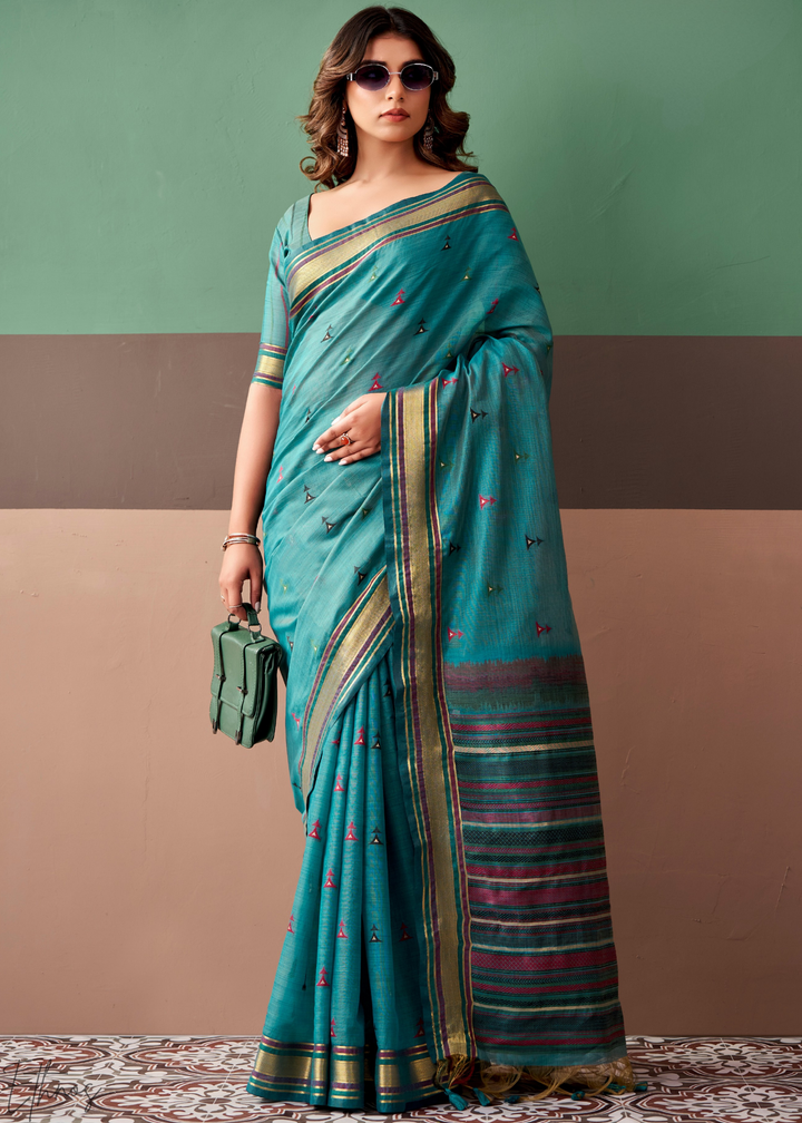 Teal Blue Zari Striped Pallu Cotton Saree