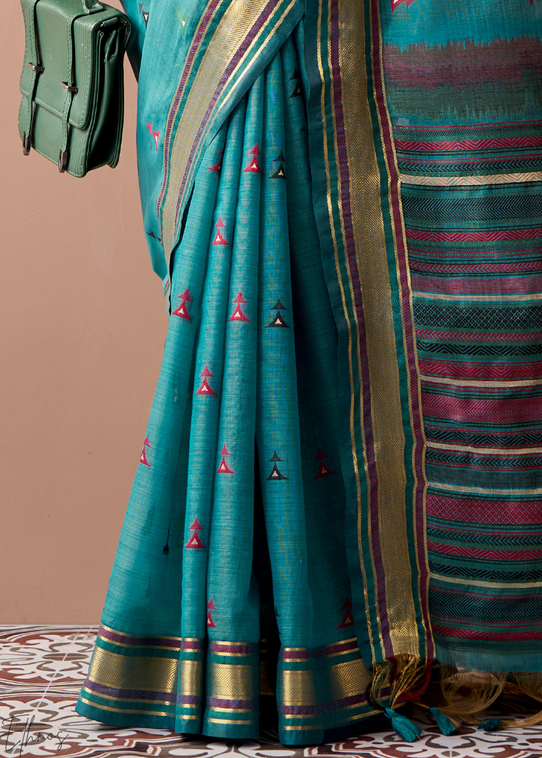 Teal Blue Zari Striped Pallu Cotton Saree