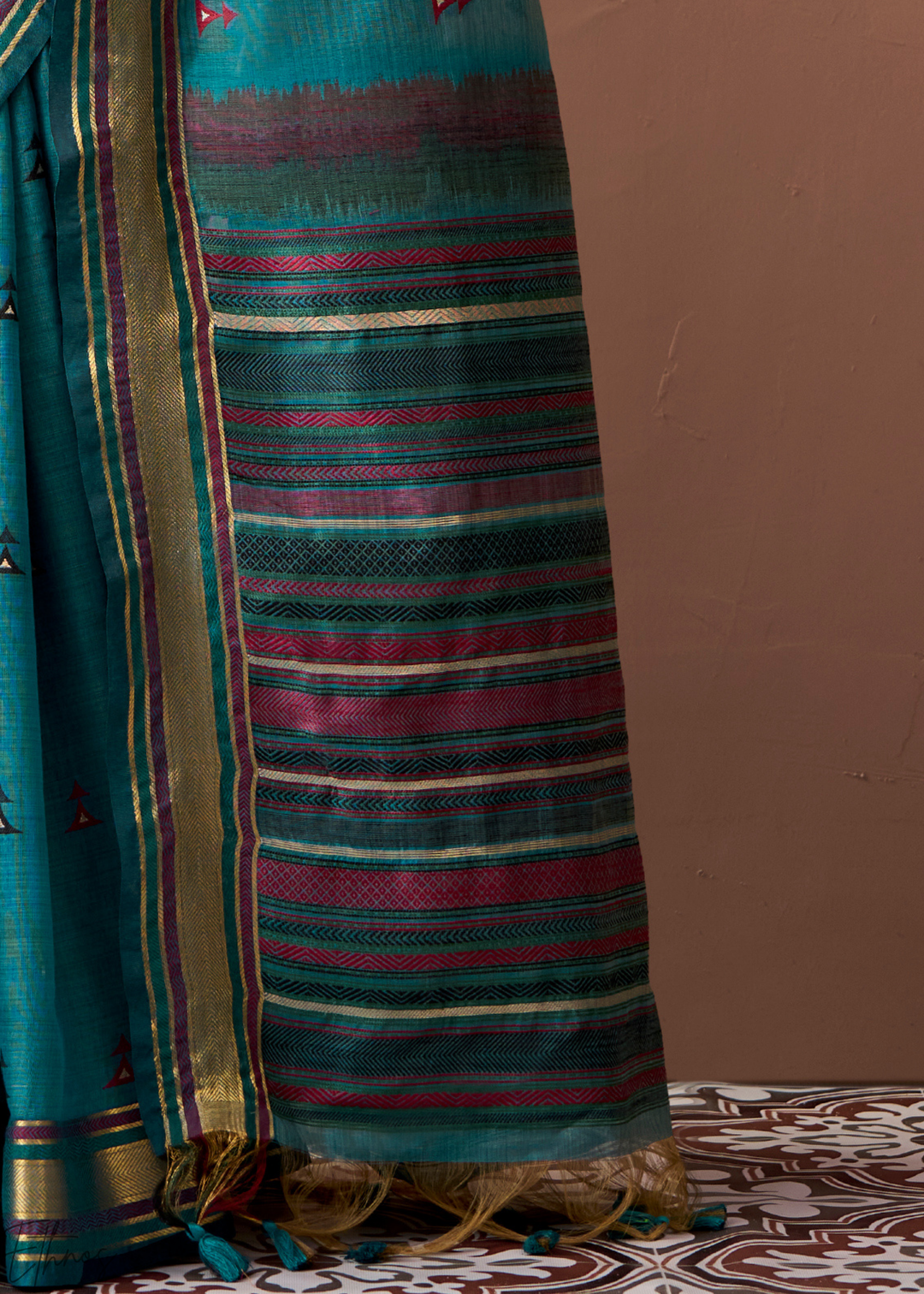 Teal Blue Zari Striped Pallu Cotton Saree