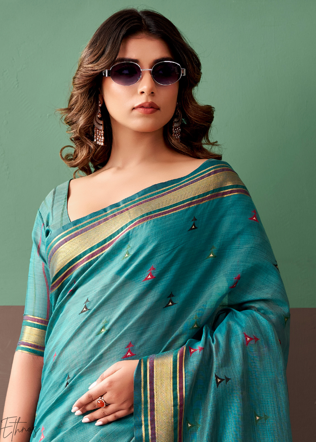 Teal Blue Zari Striped Pallu Cotton Saree