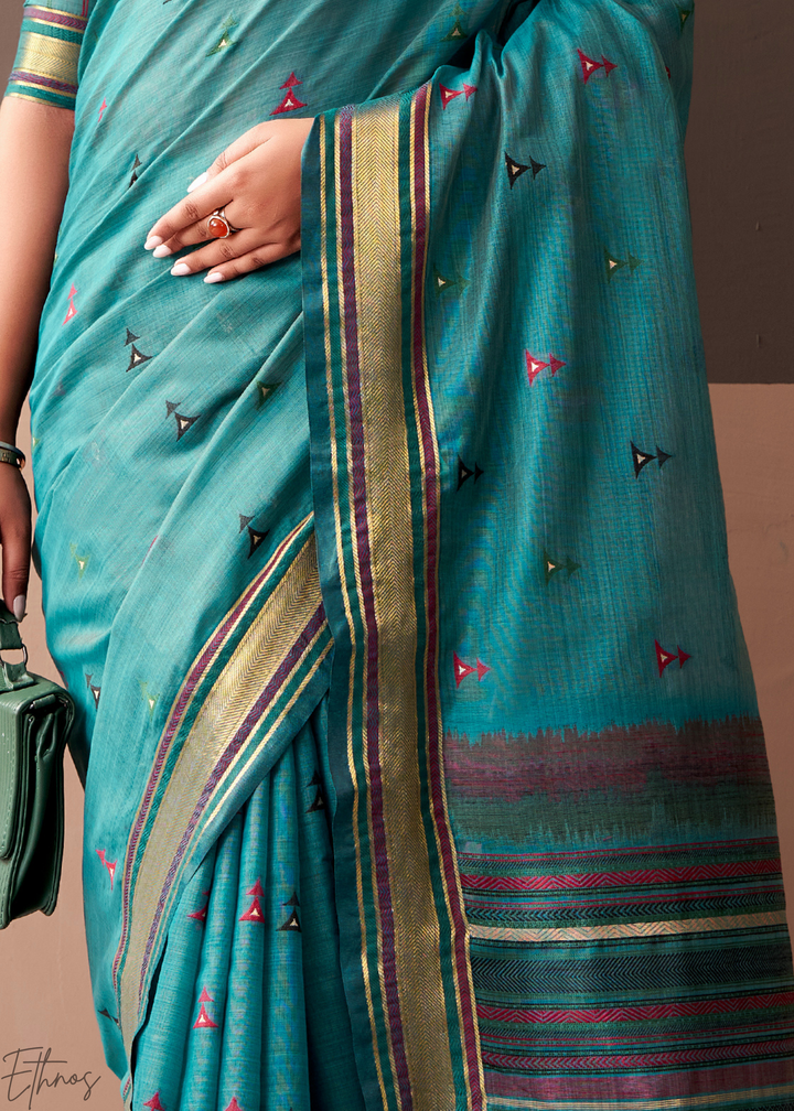 Teal Blue Zari Striped Pallu Cotton Saree
