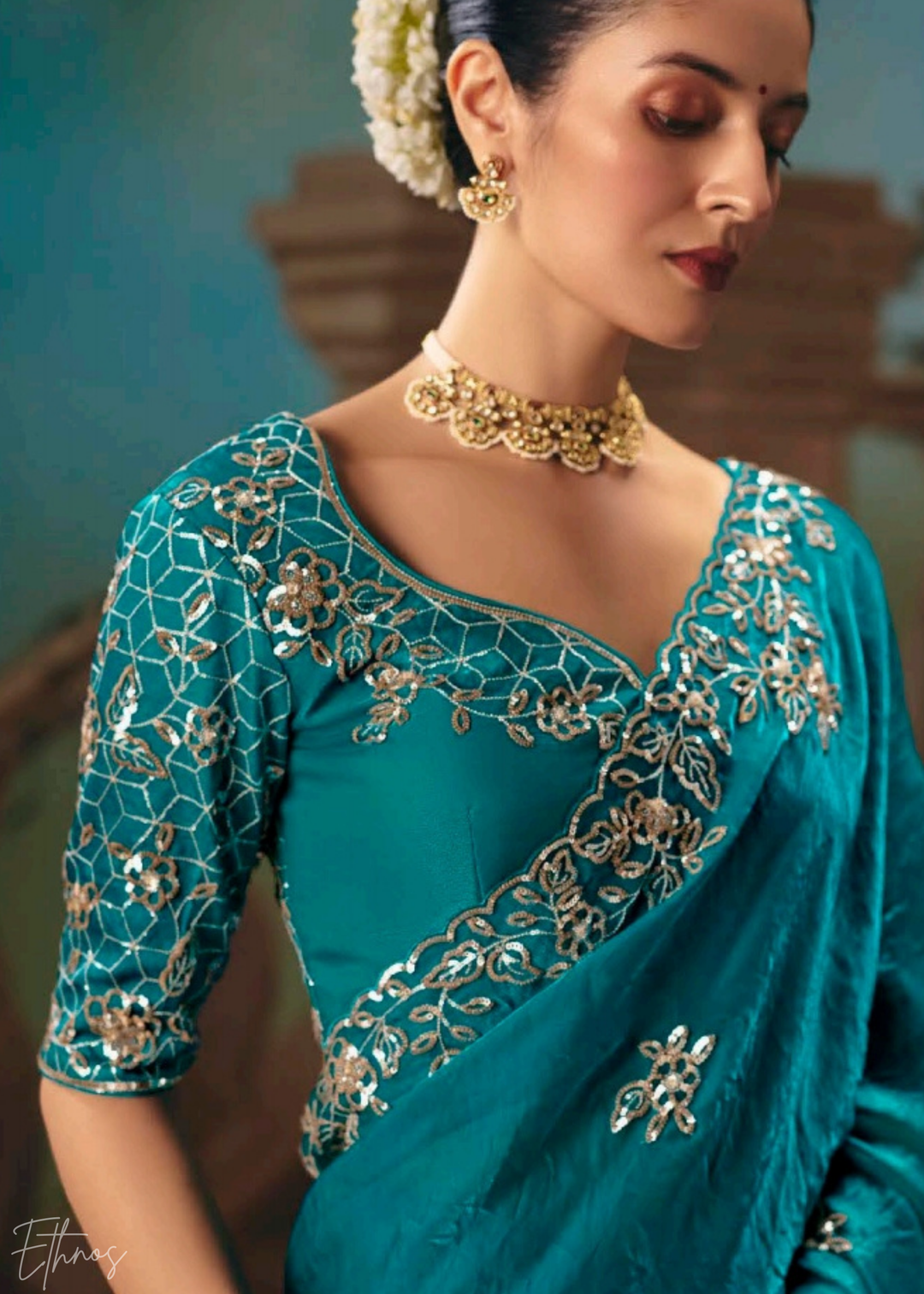 Teal Blue Sequins Organza Saree