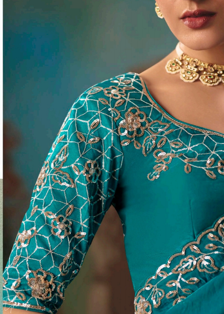 Teal Blue Sequins Organza Saree