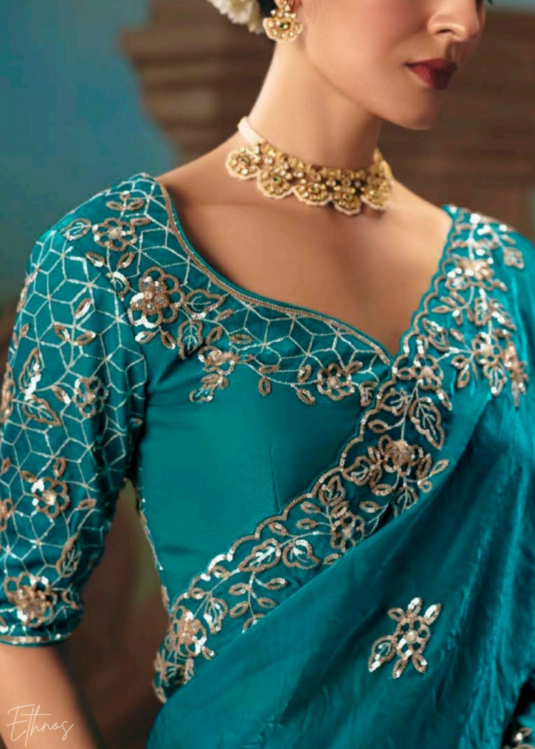 Teal Blue Sequins Organza Saree