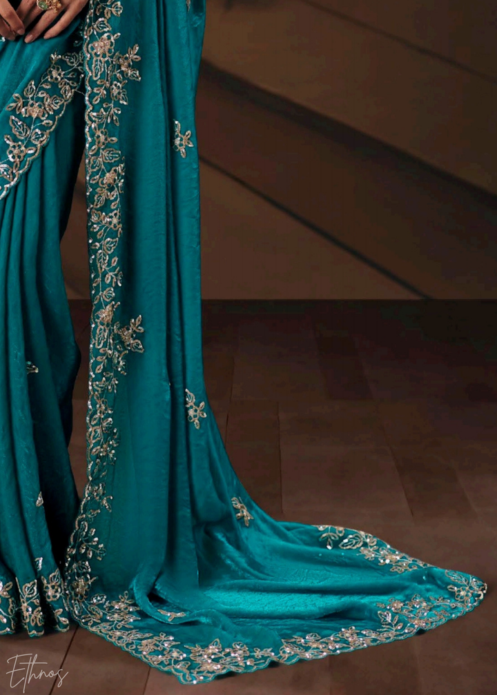 Teal Blue Sequins Organza Saree