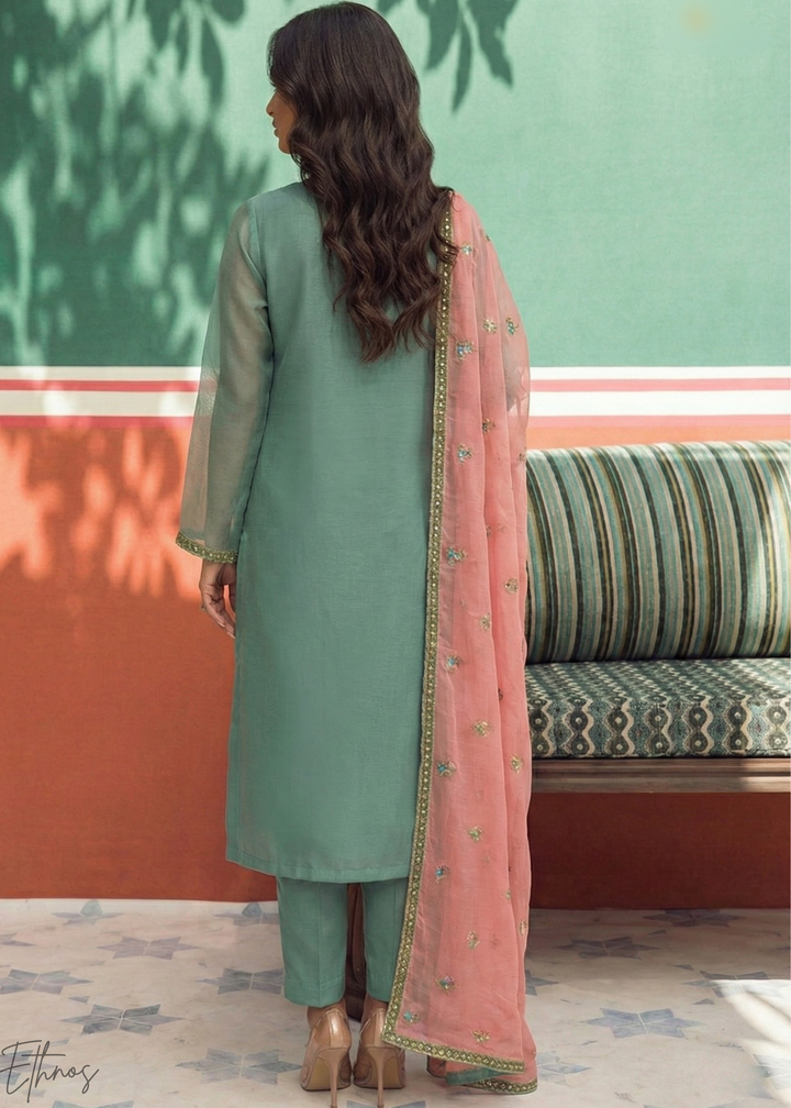 Teal Blue Zari-Santoon Palazzo Suit