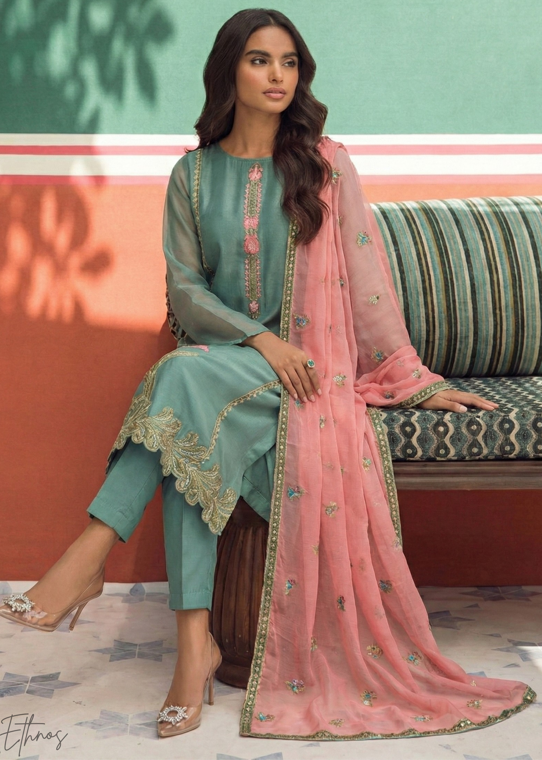Teal Blue Zari-Santoon Palazzo Suit