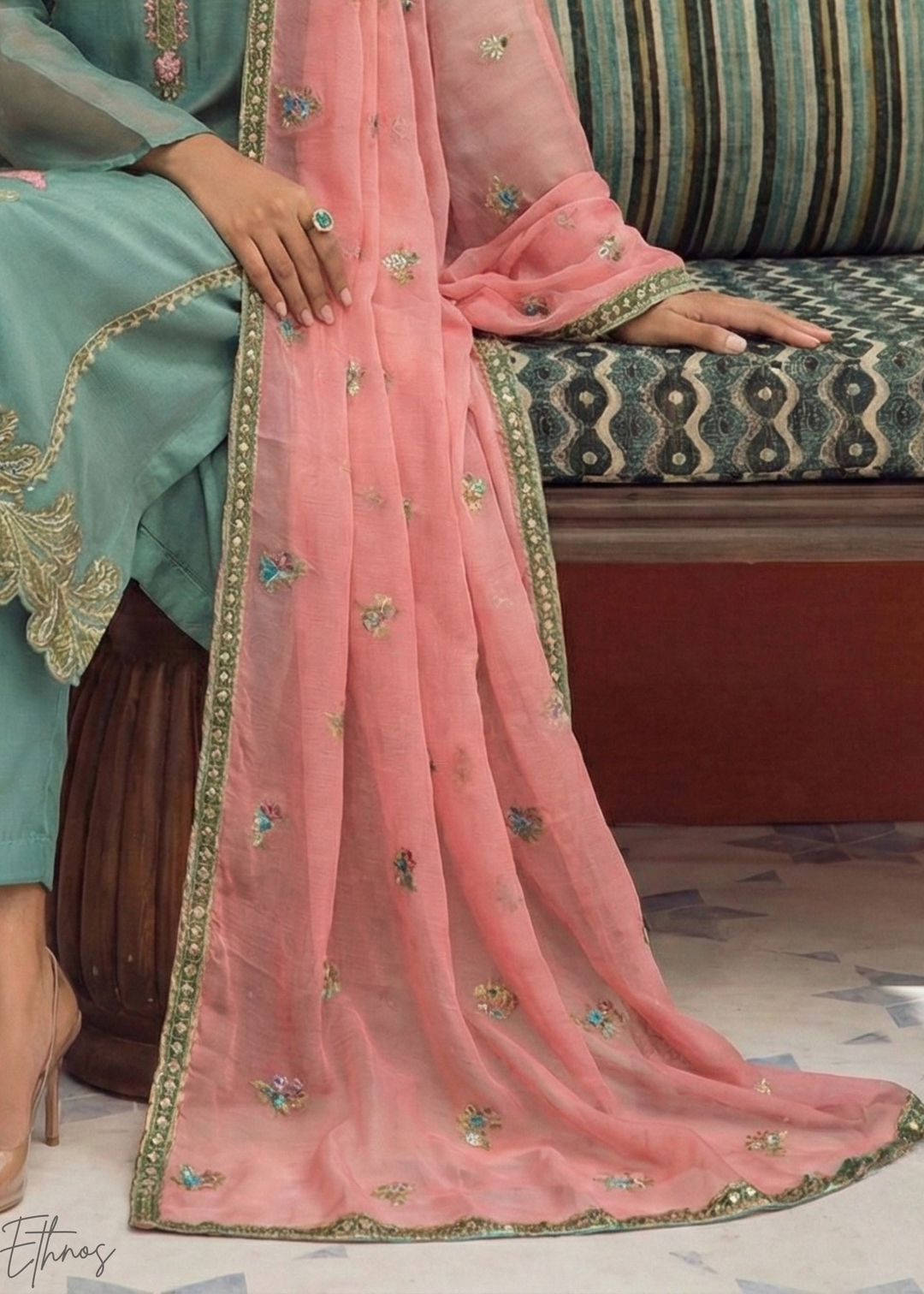 Teal Blue Zari-Santoon Palazzo Suit