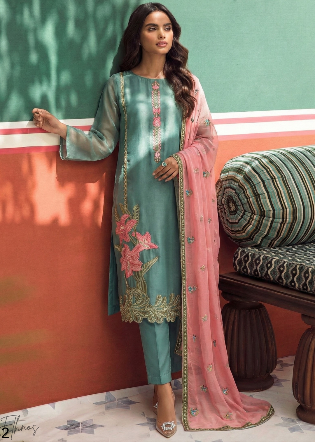 Teal Blue Zari-Santoon Palazzo Suit