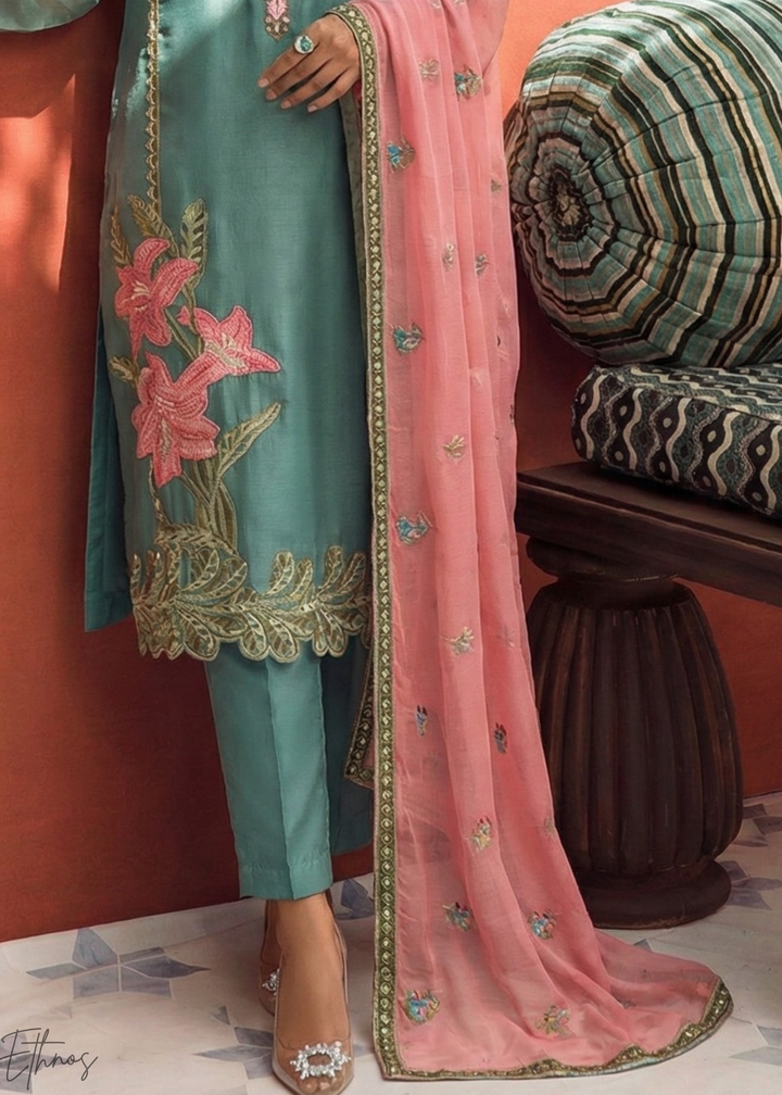 Teal Blue Zari-Santoon Palazzo Suit