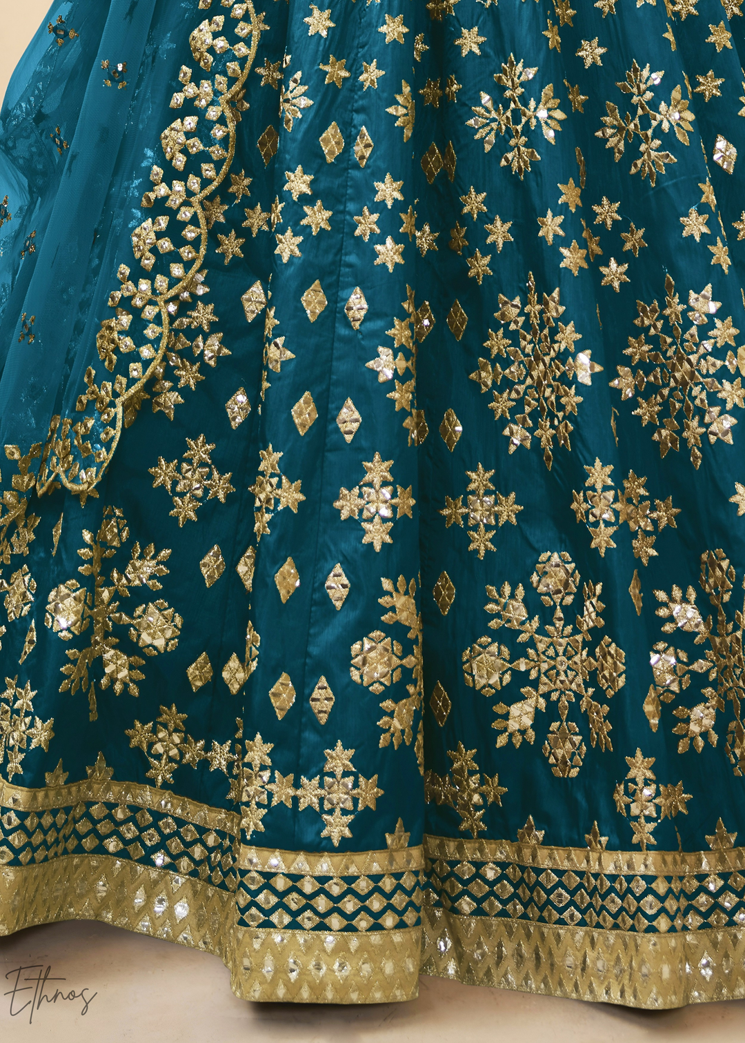 Teal Blue Zari Embroidered Silk Lehenga