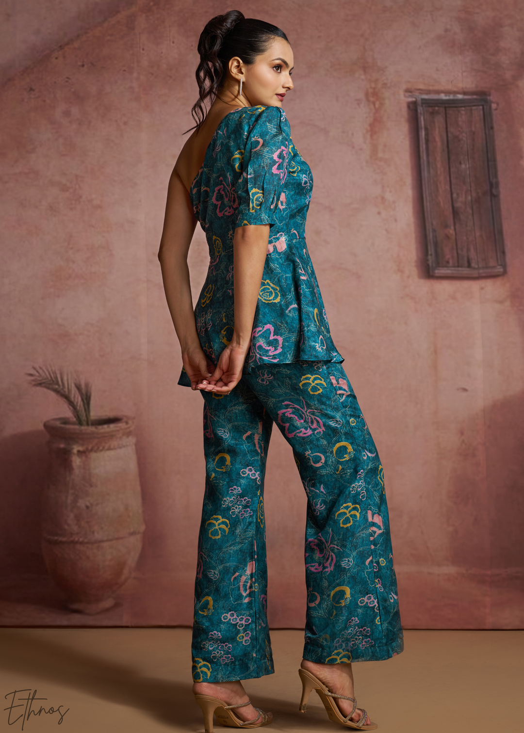 Teal Botanical Paisley One Shoulder Co-Ord Pant Set