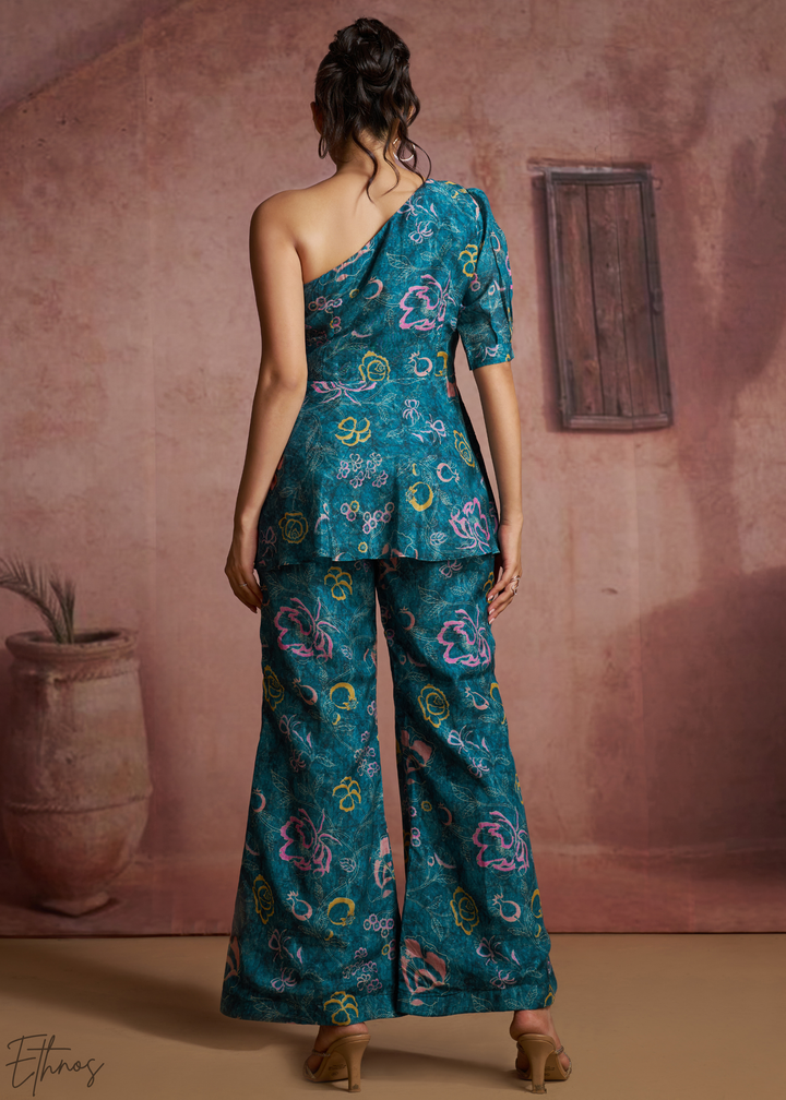Teal Botanical Paisley One Shoulder Co-Ord Pant Set