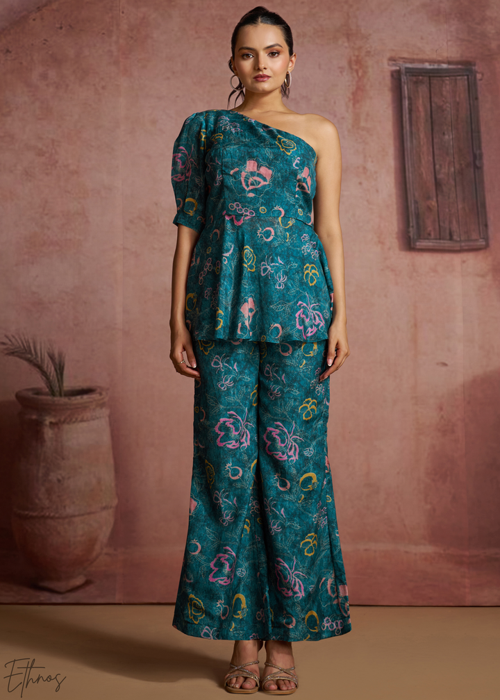 Teal Botanical Paisley One Shoulder Co-Ord Pant Set