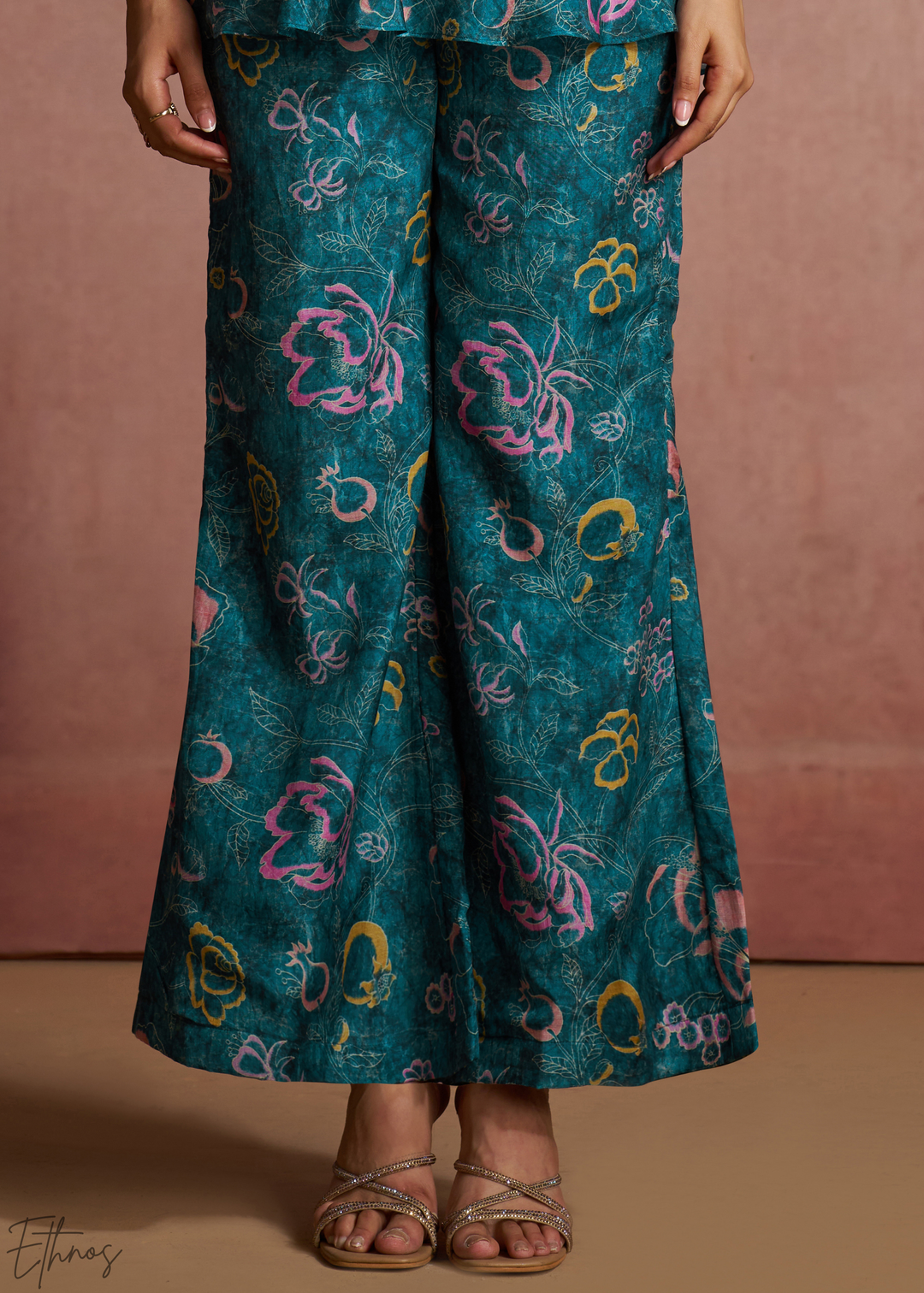 Teal Botanical Paisley One Shoulder Co-Ord Pant Set