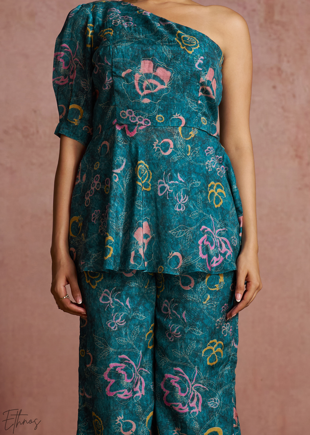 Teal Botanical Paisley One Shoulder Co-Ord Pant Set