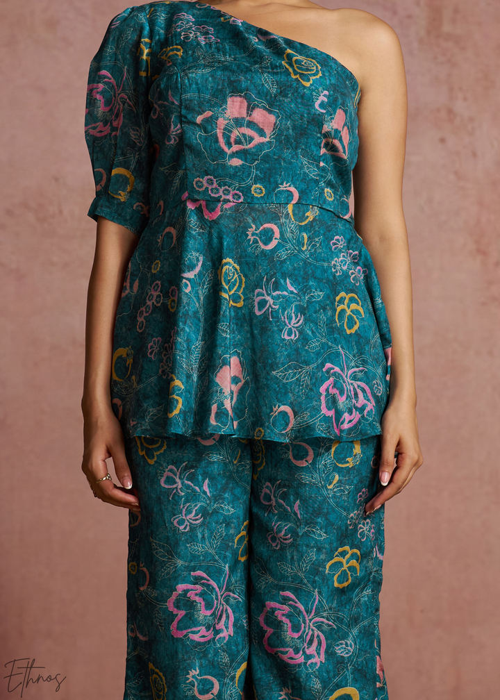 Teal Botanical Paisley One Shoulder Co-Ord Pant Set