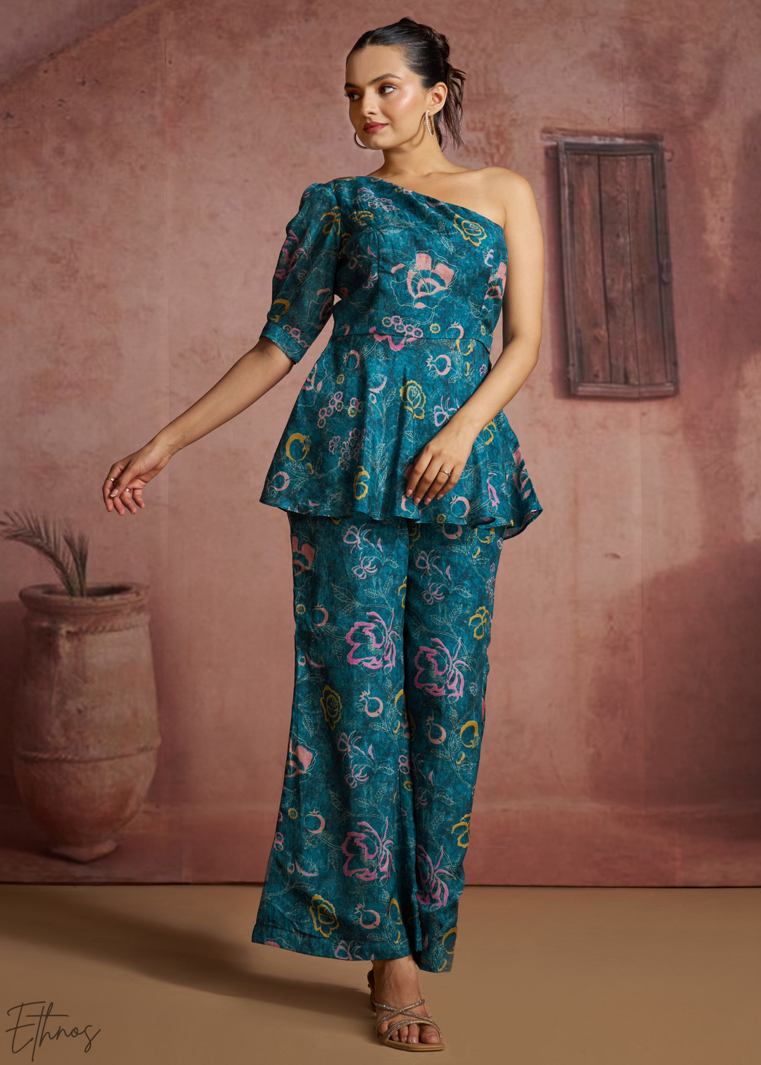Teal Botanical Paisley One Shoulder Co-Ord Pant Set