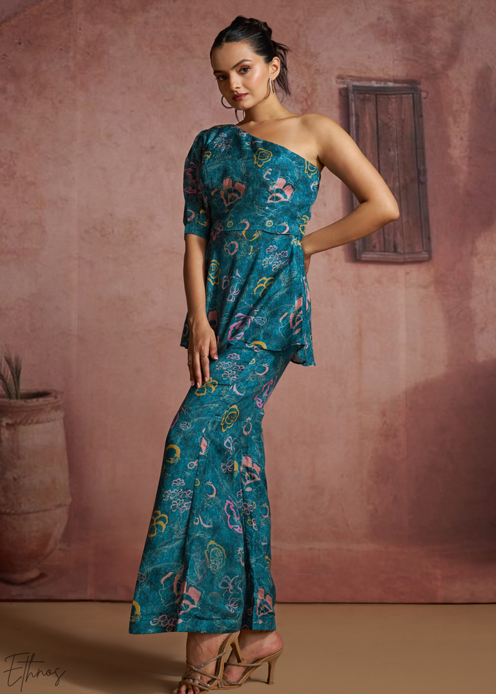 Teal Botanical Paisley One Shoulder Co-Ord Pant Set