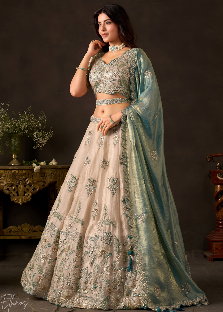 Teal Gilded Meadow Silk Lehenga Choli