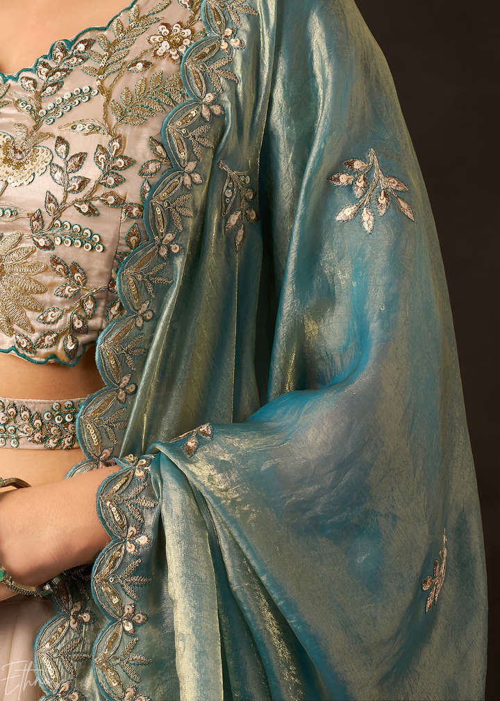 Teal Gilded Meadow Silk Lehenga Choli