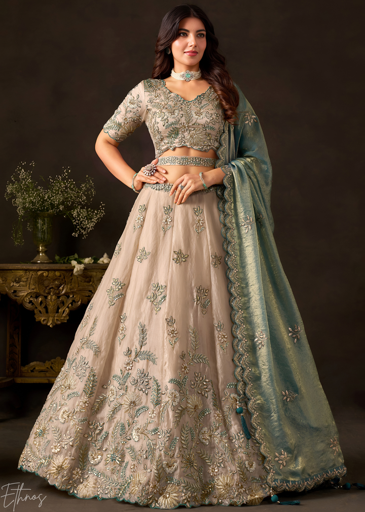 Teal Gilded Meadow Silk Lehenga Choli