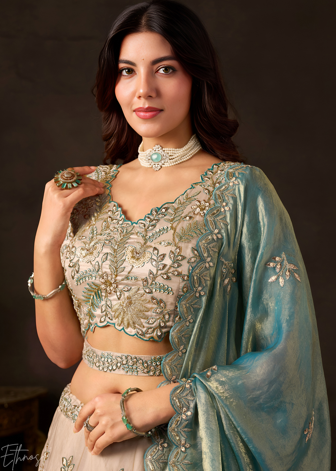 Teal Gilded Meadow Silk Lehenga Choli