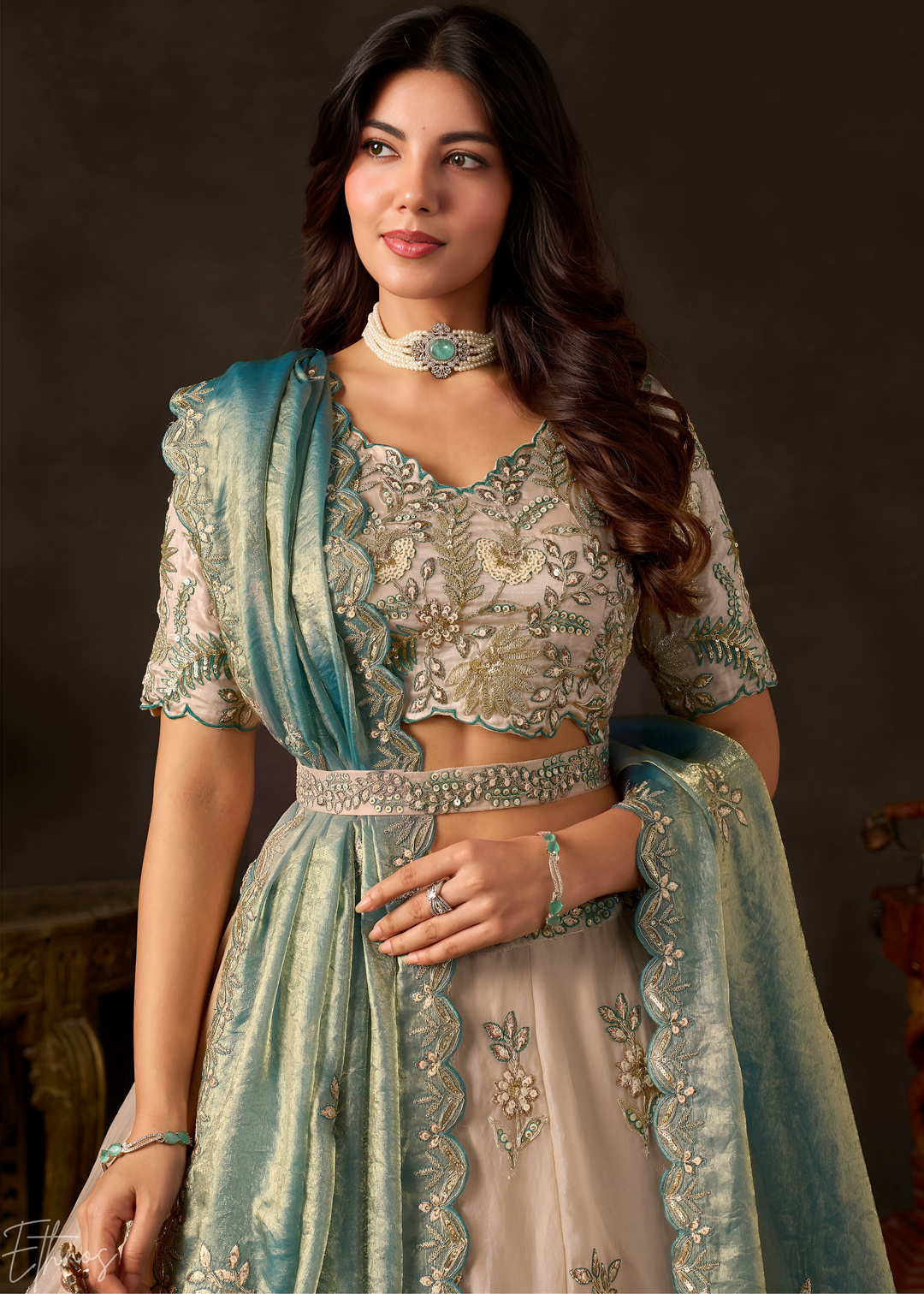 Teal Gilded Meadow Silk Lehenga Choli