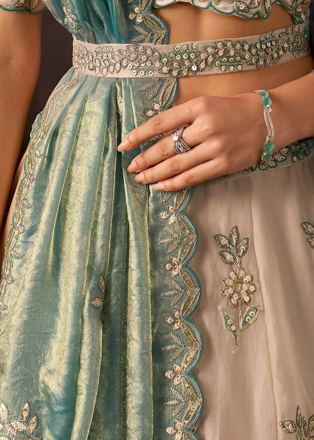 Teal Gilded Meadow Silk Lehenga Choli