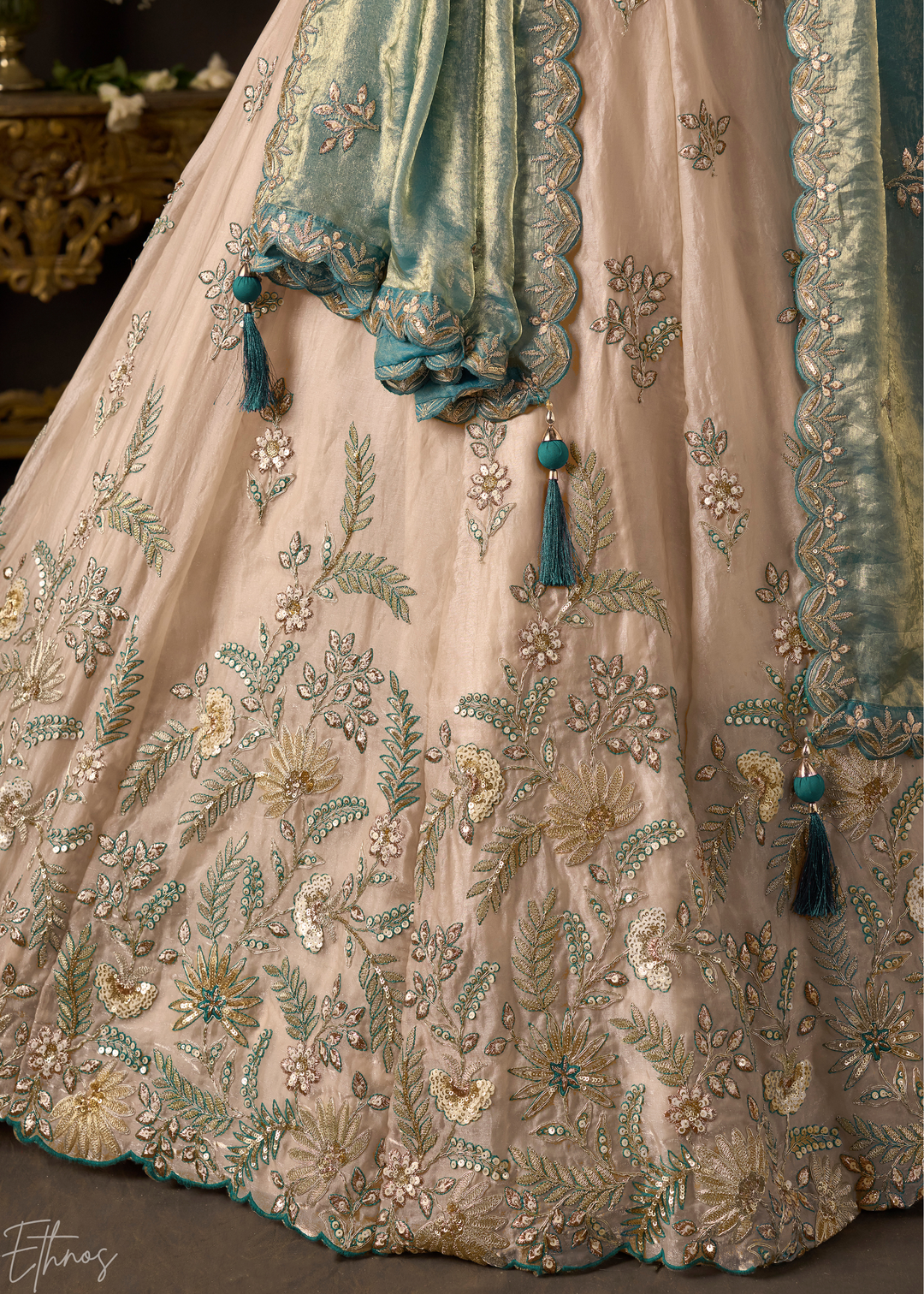 Teal Gilded Meadow Silk Lehenga Choli