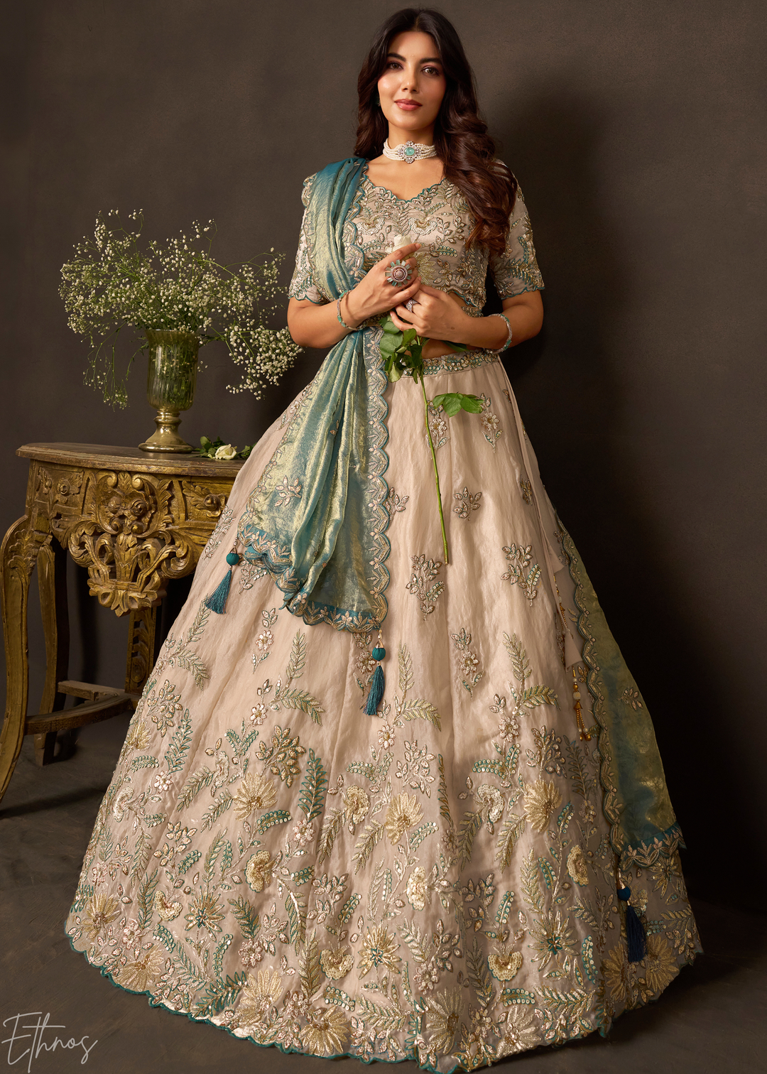 Teal Gilded Meadow Silk Lehenga Choli
