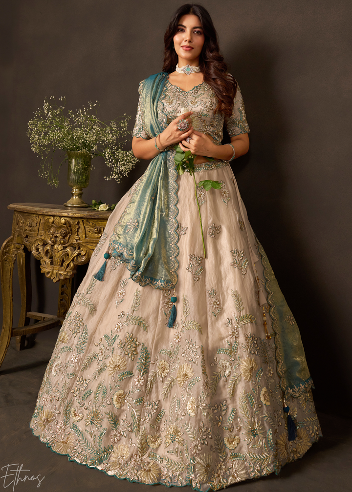 Teal Gilded Meadow Silk Lehenga Choli