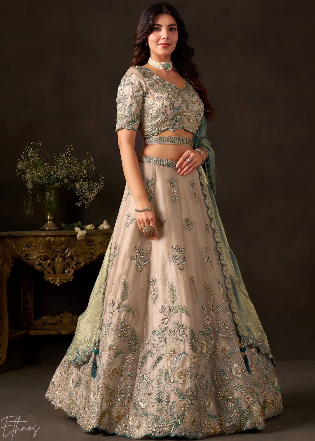 Teal Gilded Meadow Silk Lehenga Choli