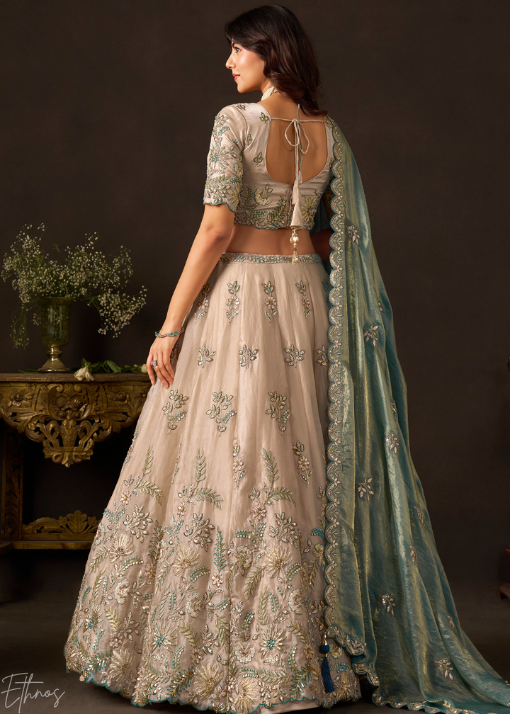 Teal Gilded Meadow Silk Lehenga Choli