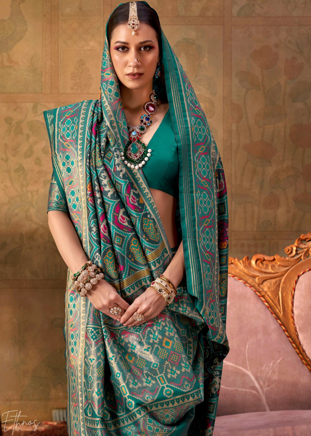 Teal Green Ashwa Patola Silk Saree