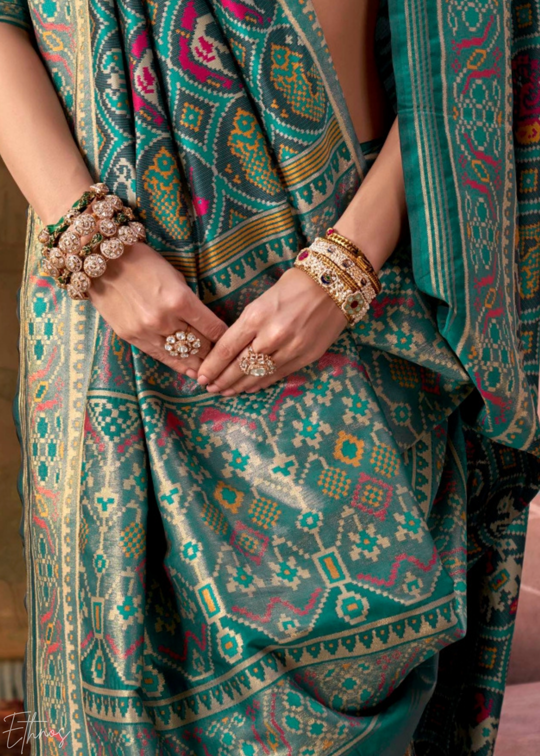 Teal Green Ashwa Patola Silk Saree