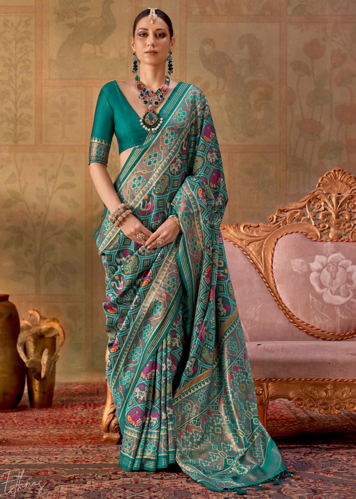 Teal Green Ashwa Patola Silk Saree