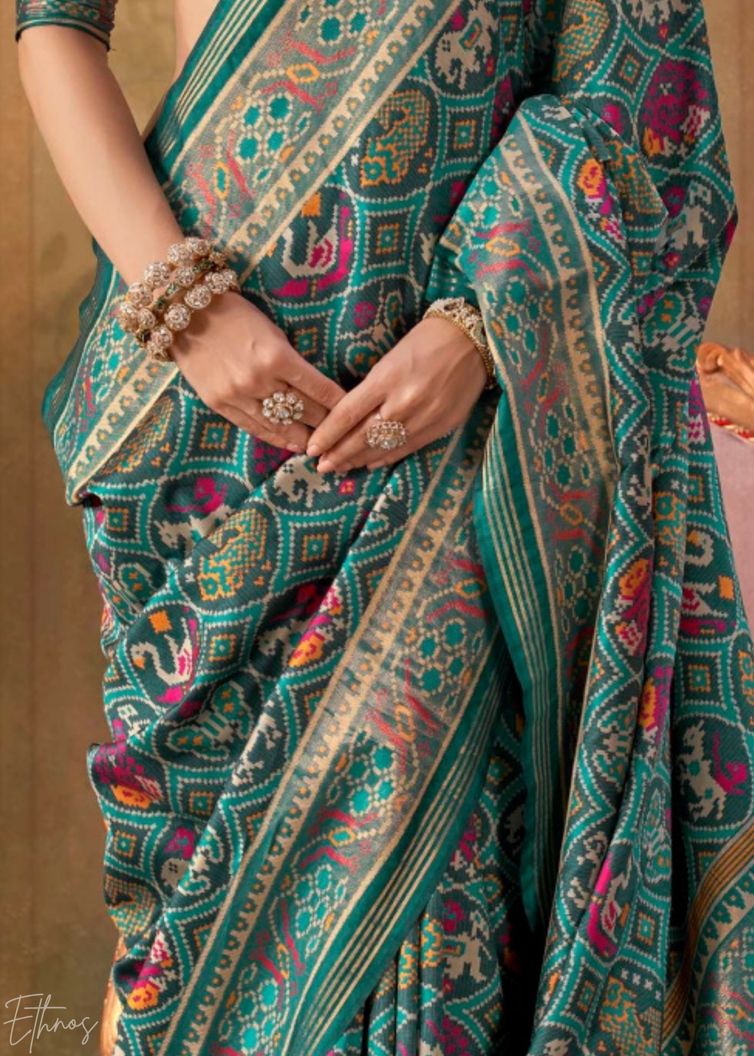 Teal Green Ashwa Patola Silk Saree